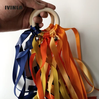 

Newest 20 Pieces/Lot orange Wooden Ring Waldorf Ribbon Hand Kite Toy Swirl Stremers FLY ME Birthyday Party Favors