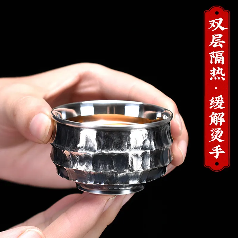 

Stone pattern sterling silver cup 999 sterling silver Lohan cup handmade Kung Fu tea cup single small master cup