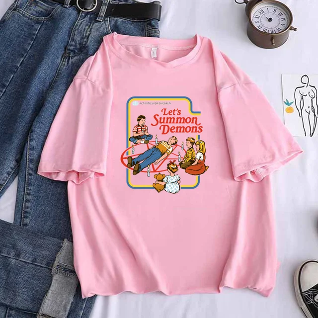 Let's Summon Demons Printing Women's Funny T Shirts 2021 Summer Round Neck Clothes Oversize Harajuku 90s Top Tee,Drop Ship T286A-Pink