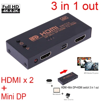 

HDMI x2 +Mini DP DisplayPort to 4K HDMI video adapter Switch Switcher Converter Selector for Macbook Notebook PC to TV Projector
