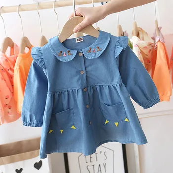

New Baby Girls Cute Dress Spring Autumn Cotton Cowboy Lapel Girl Princess Dress Children Dress Kids