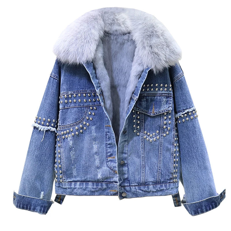 Winter new rivet real rabbit fur liner thick denim jacket female