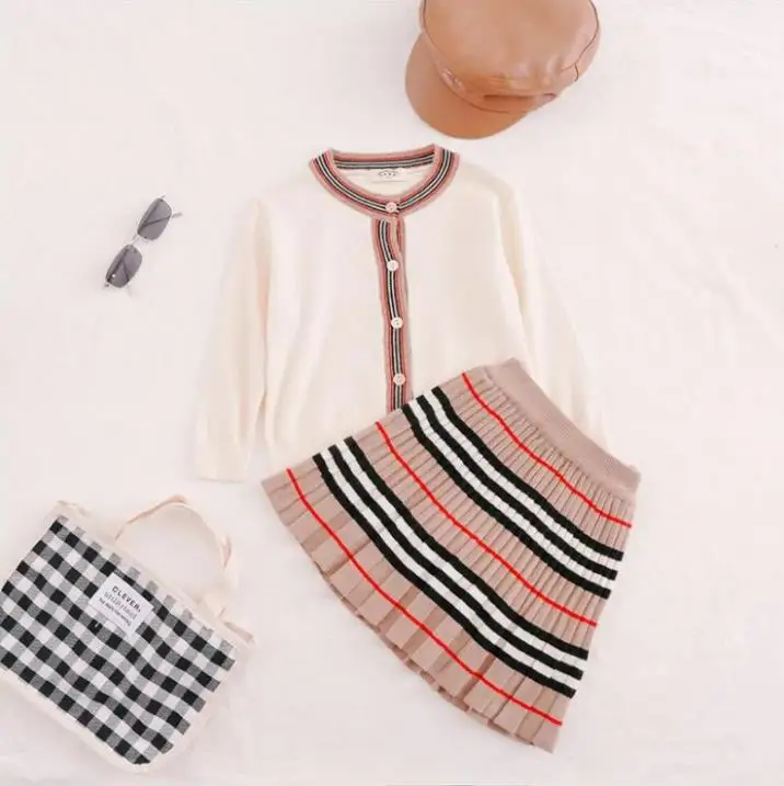 

Toddler Casual Girls Clothing New Autumn Baby Clothes Suit Children Fashion Girls Stripe Knit Sweater + Pleated Skirt 2Pcs/Set