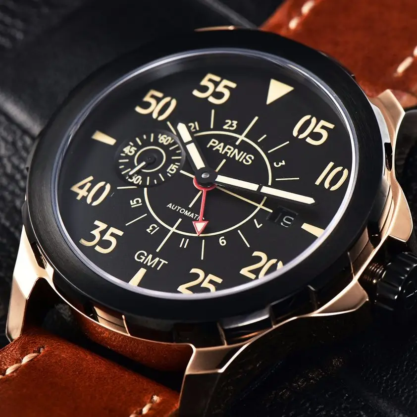 Casual Parnis 44Mm Mechanische Horloge Rode Gmt Automatische Zwarte Wijzerplaat Horloge Voor
