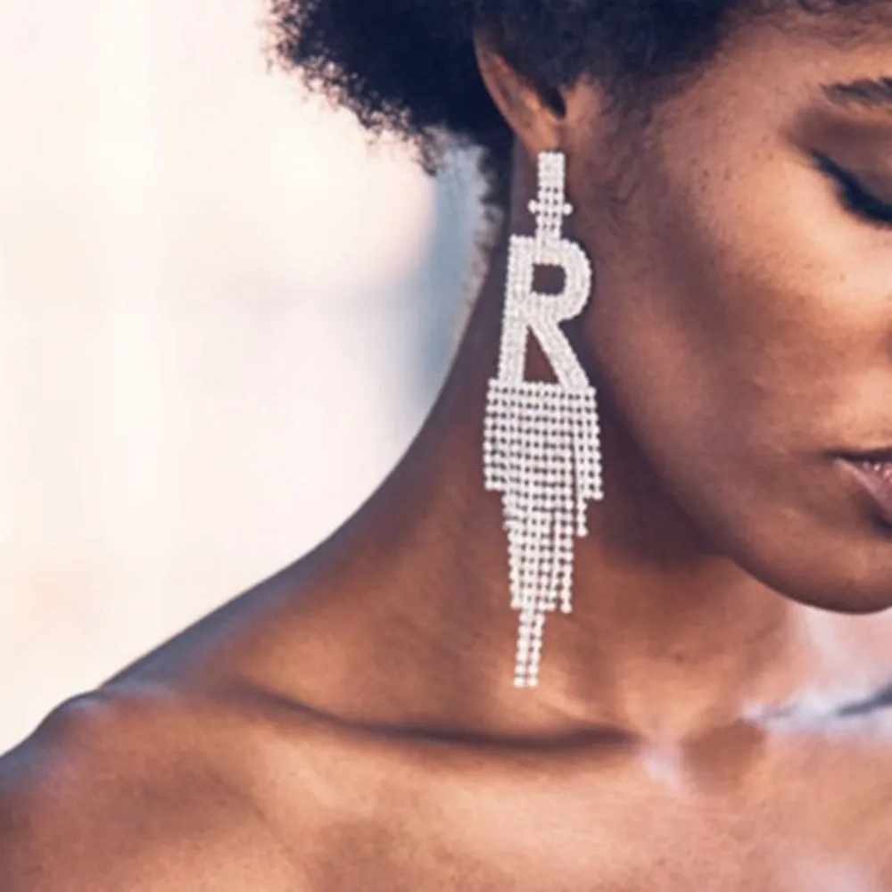 

Novelly Luxury Rhinestone Custom Letter R Long Tassel Drop Earrings for Women Bling Crystal Dangle Earrings Statement S1206