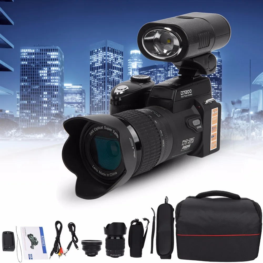 D7200 HD 1080P Digital Camera 3in Color Screen 33MP DSLR Camcorder with 0.5X Wide Angle Lens+ 16-24X Telephoto Lens+ LED Light