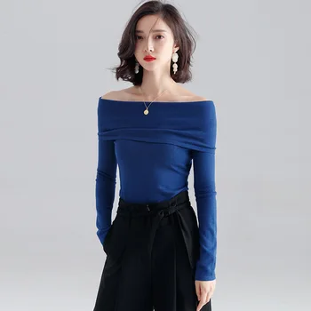 

Knitted Off Shoulder Tops Women Fold Shoulder Sweater Pullovers Long Sleeve