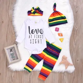 

Baby Girls Long Sleeve Love at first sight printed Romper + Pant + Headband +Hat 4PC Clothes set Rainbow outfits