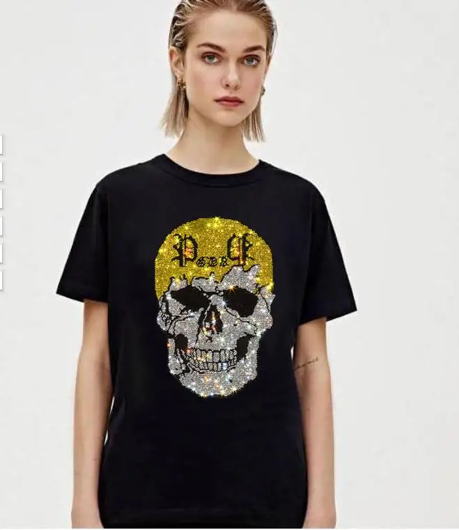 

T-Shirt Rhinestones Women Cotton T-Shirt Short Sleeve Streetwear O-Neck Pullover Loose Tee Tops