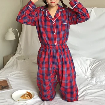 

2 Pieces Autumn Women Casual Soft Pajamas Female Mujer Long Sleeve Tops+Pant Set Plaid V-neck Sleepwear for Girls Lady Negligee
