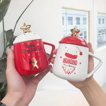 

400ml Christmas Exquisite Ceramic Coffee Mug With Lid Cover Personality Tummy Mug Lovers Coffee Mug For Girls/Boys Friends