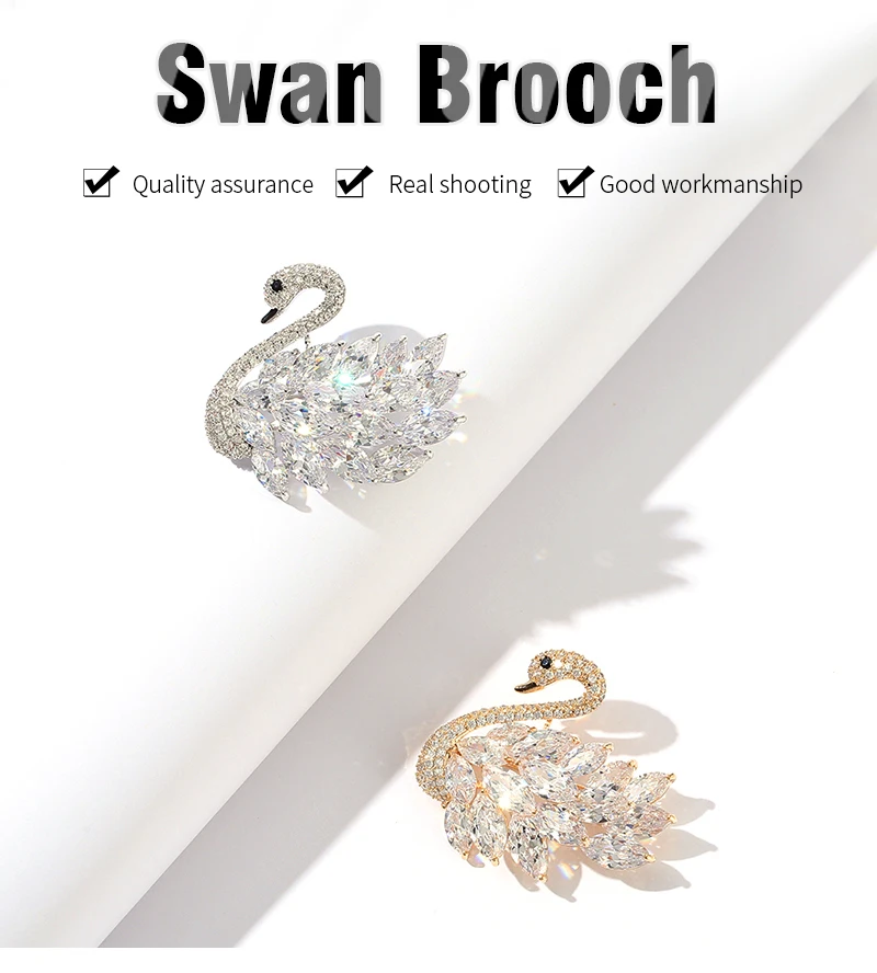 Sparkly White Zircons Swans Brooch Elegant Crystal Rhinestone Silver Gold Brooches Pins Gift for Women Animal Jewelry broche