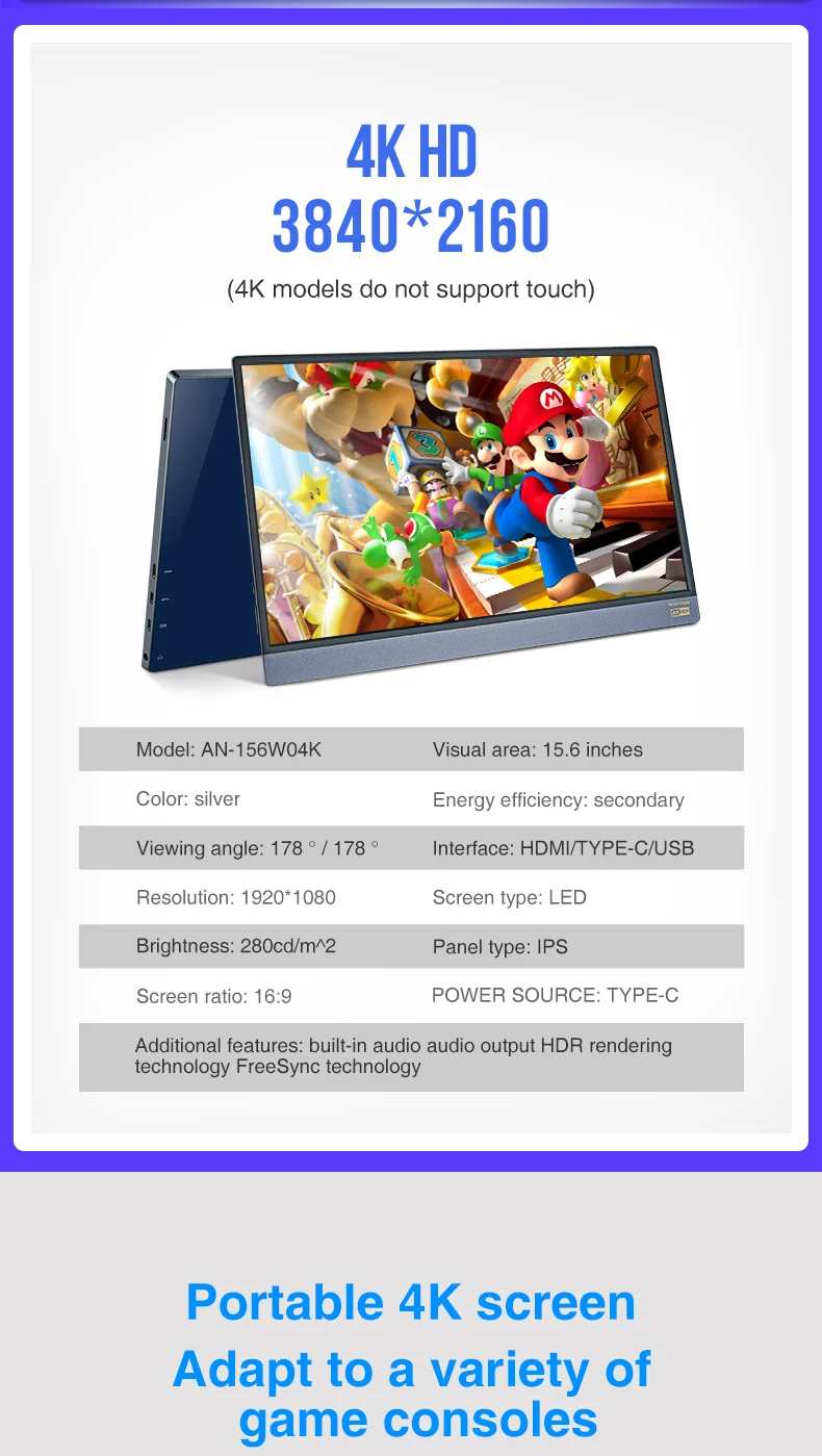 Новинка 15,6 дюймов 4K портативный компьютерный монитор PC TYPE-C HDMI PS4 Xbo x360 1080P ips FHD светодиодный USB-C монитор дисплей для Raspberry Pi