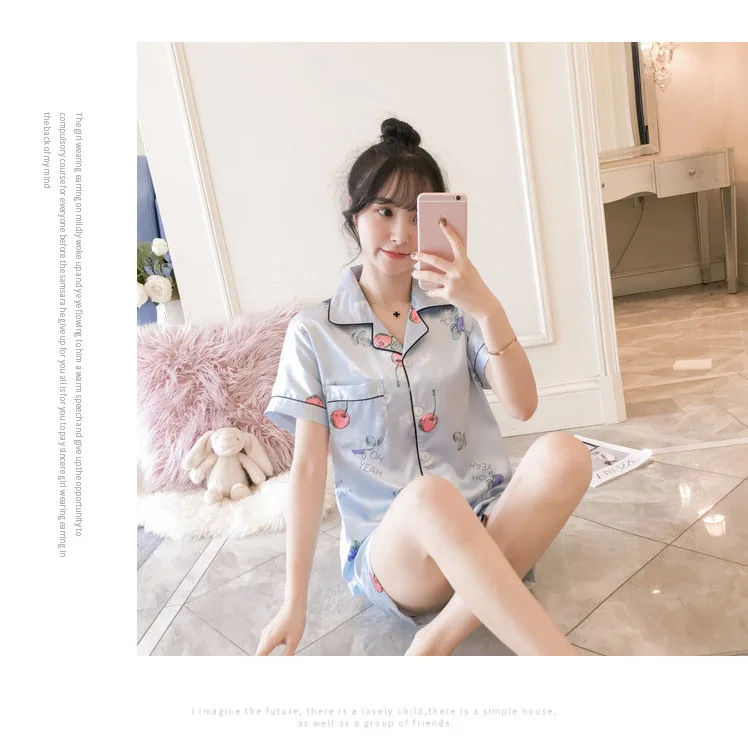 INS Pajamas Women's Summer Short-sleeved Sweet Korean-style Flamingo Summer Women's Imitated Silk Fabric Home Wear Two-Piece Set