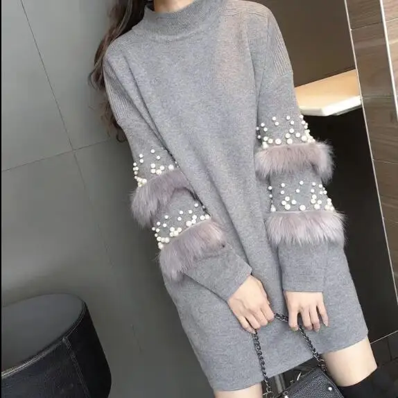 2019 осенний меховой джемпер с жемчужными бусинами вязаное платье свободный