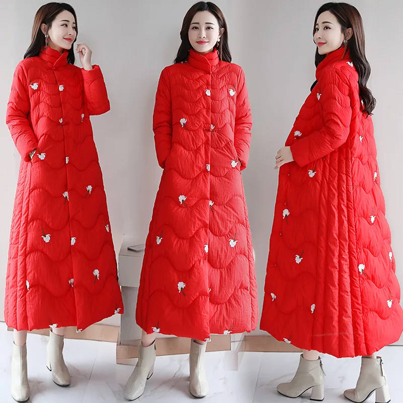 

Winter Retro Chinese-style Cotton-padded Clothes Women's Exta-long over-the-Knee to Ankle down Jacket Cotton-padded Clothes Ethn