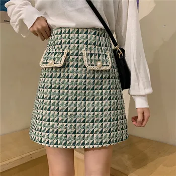 

New Tweed Plaid Skirts Women Winter Mini Pencil Skirts Wool Skirts Korean Bodycon High Waist Tweed Skirt Vintage Zipper V925