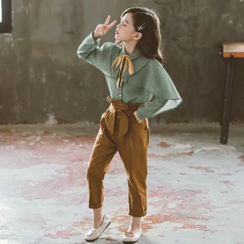 

Keelorn Teenage Clothing Sets Autumn 2020 New Girls Long Sleeve Thin Ruffles Shirt Tops and Solid Pants with Belt 2PCS Suits