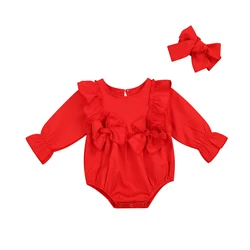 Body à volants pour bébé fille et garçon, vêtements d'automne, couleur unie, nœud papillon, manches longues, princesse, combinaisons, bandeau, 2 pièces, taille 0 18M 