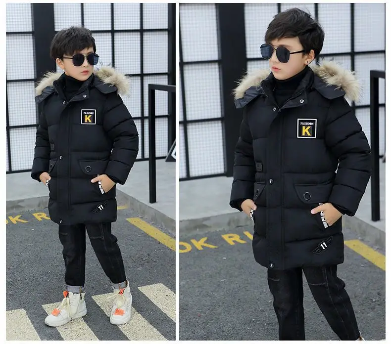Новая зимняя детская куртка для мальчиков, верхняя одежда с меховым капюшоном для подростков, парка, плотное хлопковое пальто для России, одежда - Цвет: Black