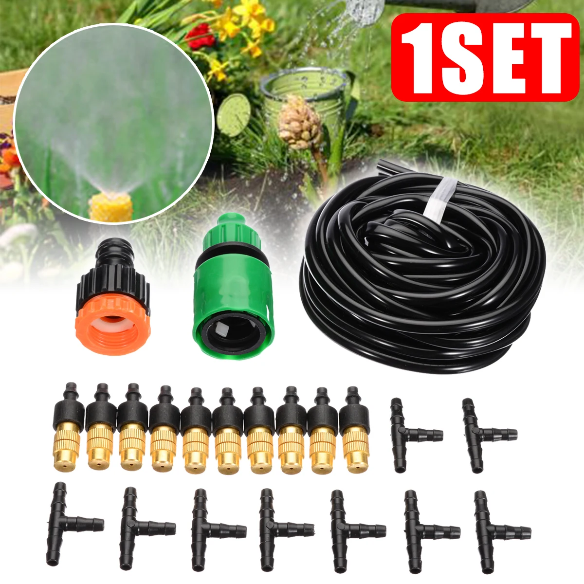 

1 Set Outdoor Misting Cooling System Garden Irrigation Watering 1/4 Inch Brass Atomizer Nozzles 4/7mm Hose For Patio Greenhouse