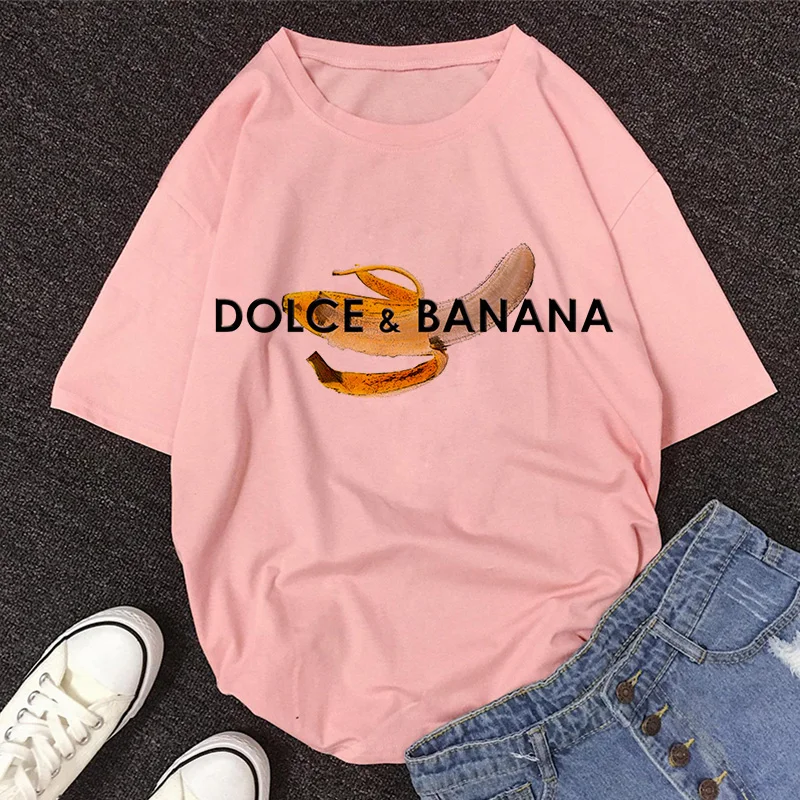 2020 New Summer DOLCE & BANANA Print T-Shirt Women O-Neck Short Sleeve Cute Cartoon T Shirt For Girls Students Lady Tops Tshirt