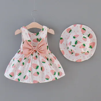 

Baby Girls Dresses 2020 Summer Hat 2 Piece Set Children's Clothes Baby Sleeveless Birthday Party Princess Fruit Print Baby Dress