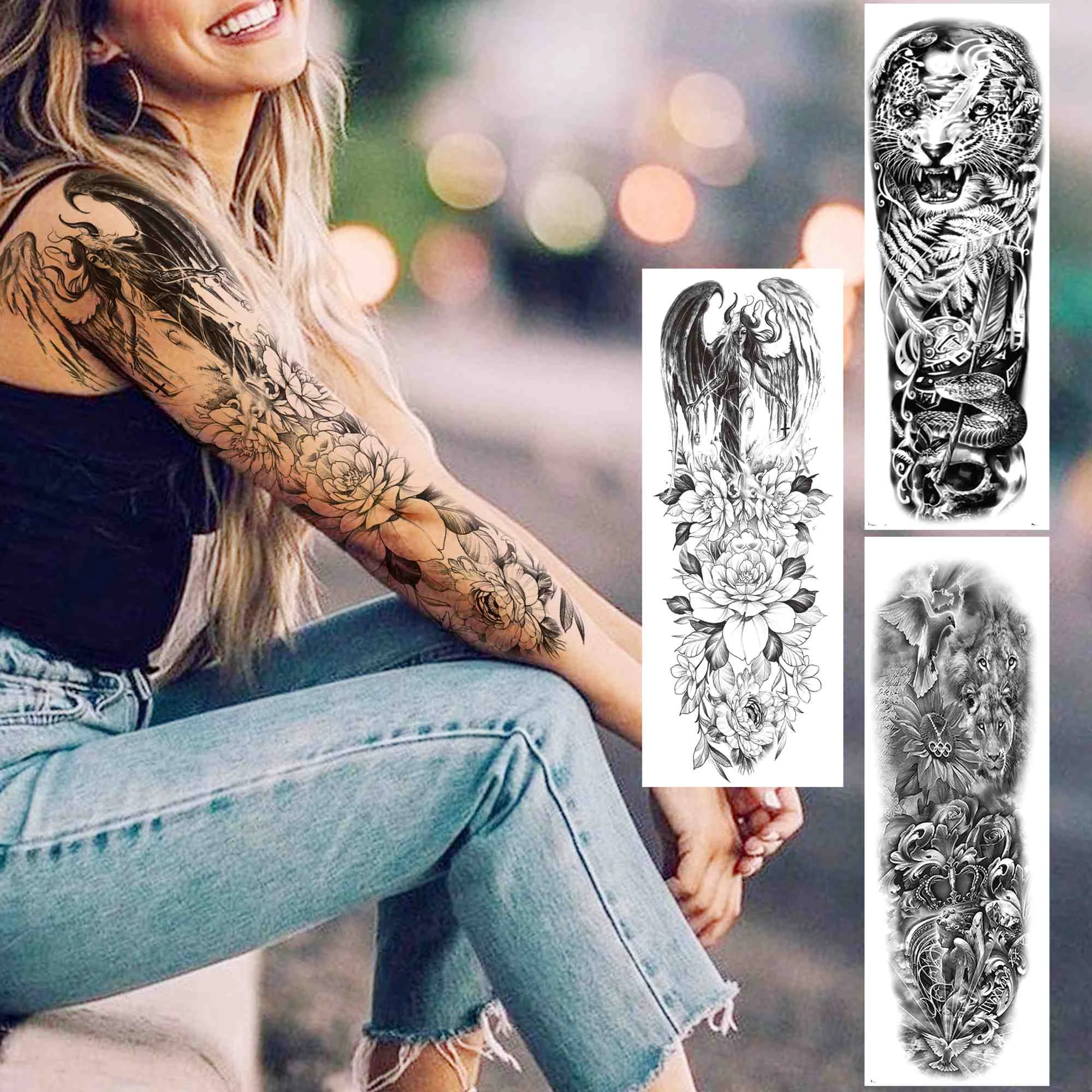 Sexy Peony Temporary Tattoo Sleeve For Women Men Fake Tiger Snake Tattoo Sticker Full Arm Body Art Tatoos Angel Wings Cross Temporary Tattoos Aliexpress