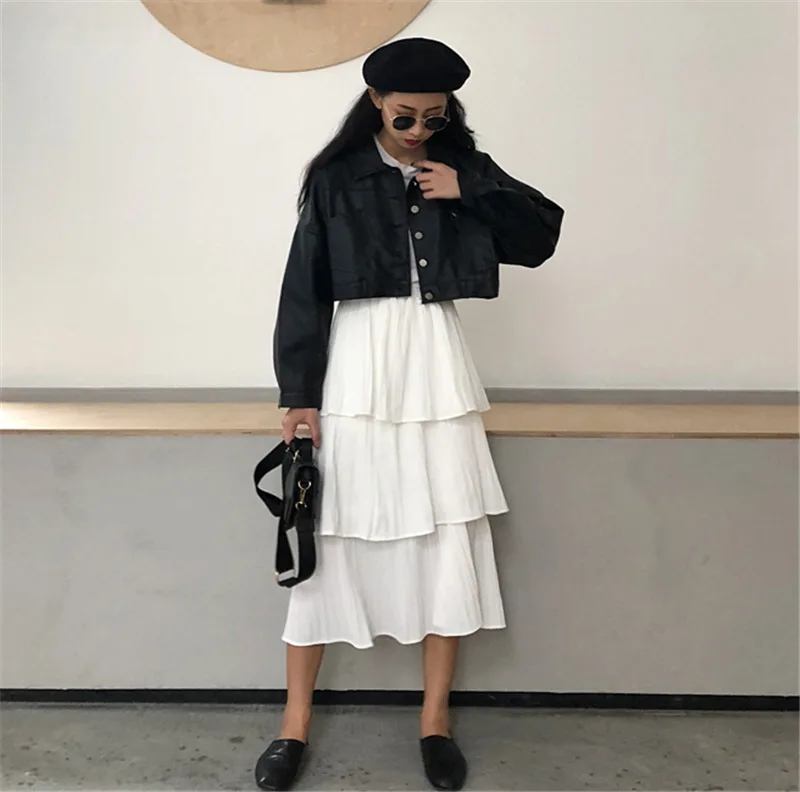 

Photo Shoot White Cake Pleated Skirt + Loose-Fit Slimming BF Style High-waisted Jacket Short Leather Coat Women's