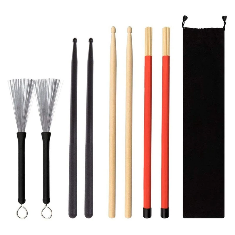 Drum Sticks Drum Brushe Set 1 Pair 5A Drum Sticks, 1 Pair Brushes
