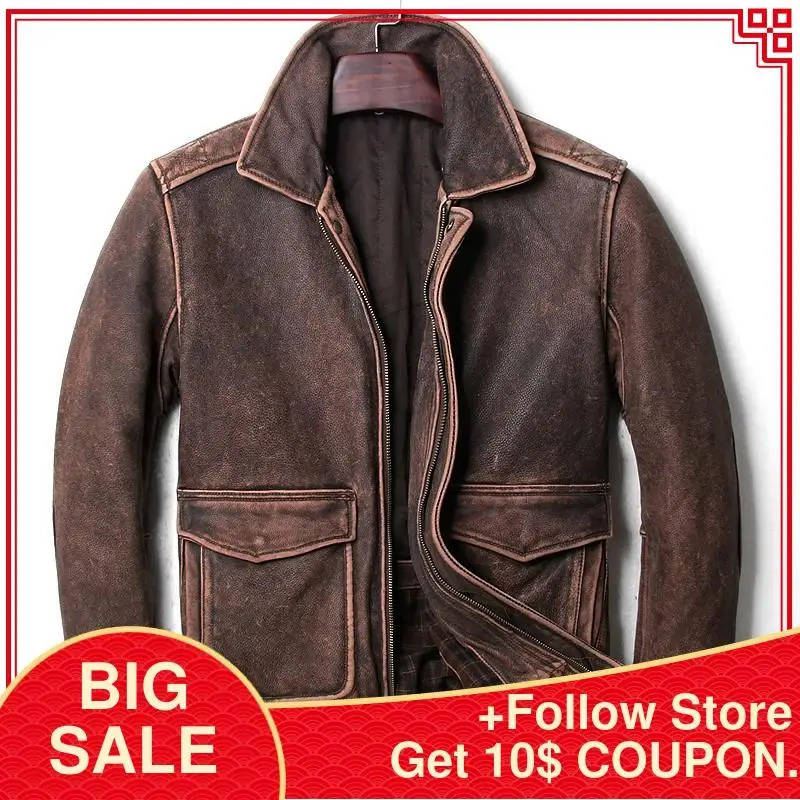 

2020 Vintage Brown A2 Pilot Leather Jacket Men Wool Collar Size XXL Genuine Thick Cowhide Military Aviator Coat FREE SHIPPING