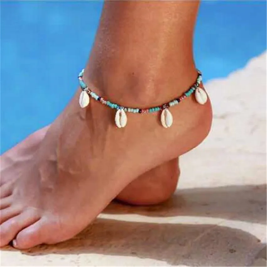 

TTLIFE Female Bohemian Elastic Single Layer Adjustable Natural Shell Color Beaded Anklet Ankle Chain Jewelry Gift
