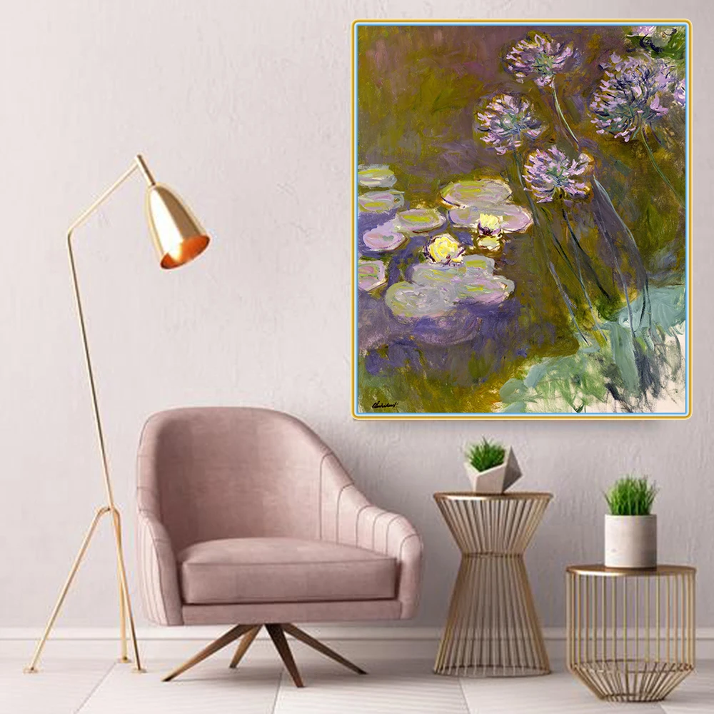 Цитон Клода монета waterводяные лилии и агапантус Canvas холст искусство Масляная