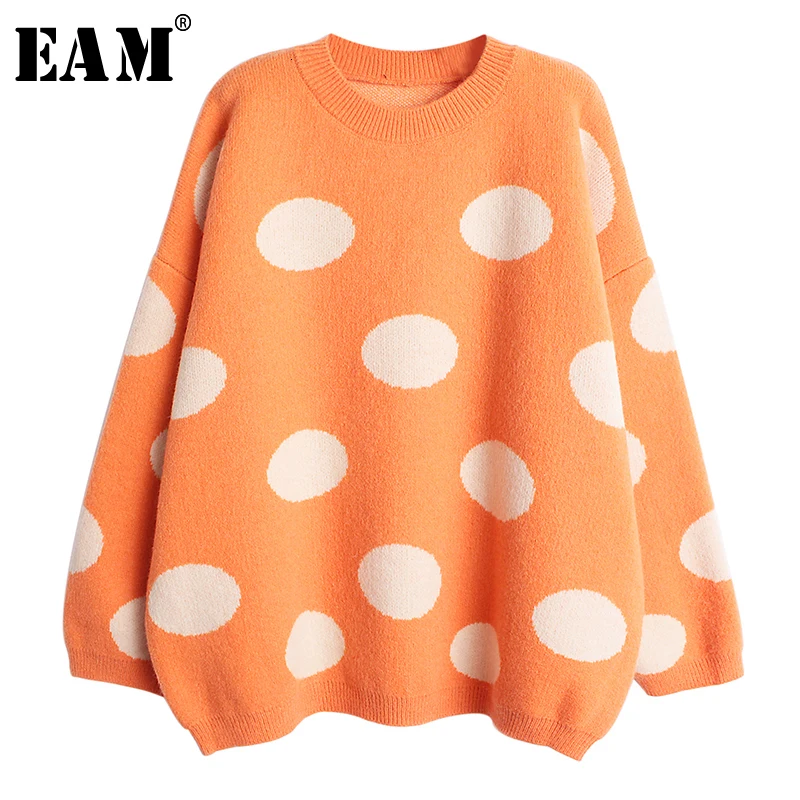 

[EAM] Dot Split Big Size Knitting Sweater Pullover Loose Fit Round Neck Long Sleeve Women New Fashion Autumn Winter 2019 1B957