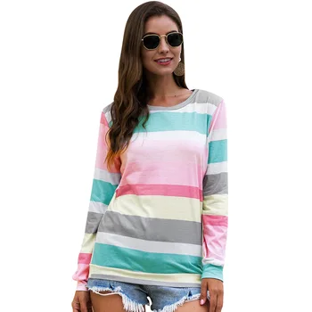 

Rainbow Women shirt autumn Colorful Contrast Stripe Long Sleeve Pullover Shirt loose Tops blusa Jumper Sudadera Harakuju