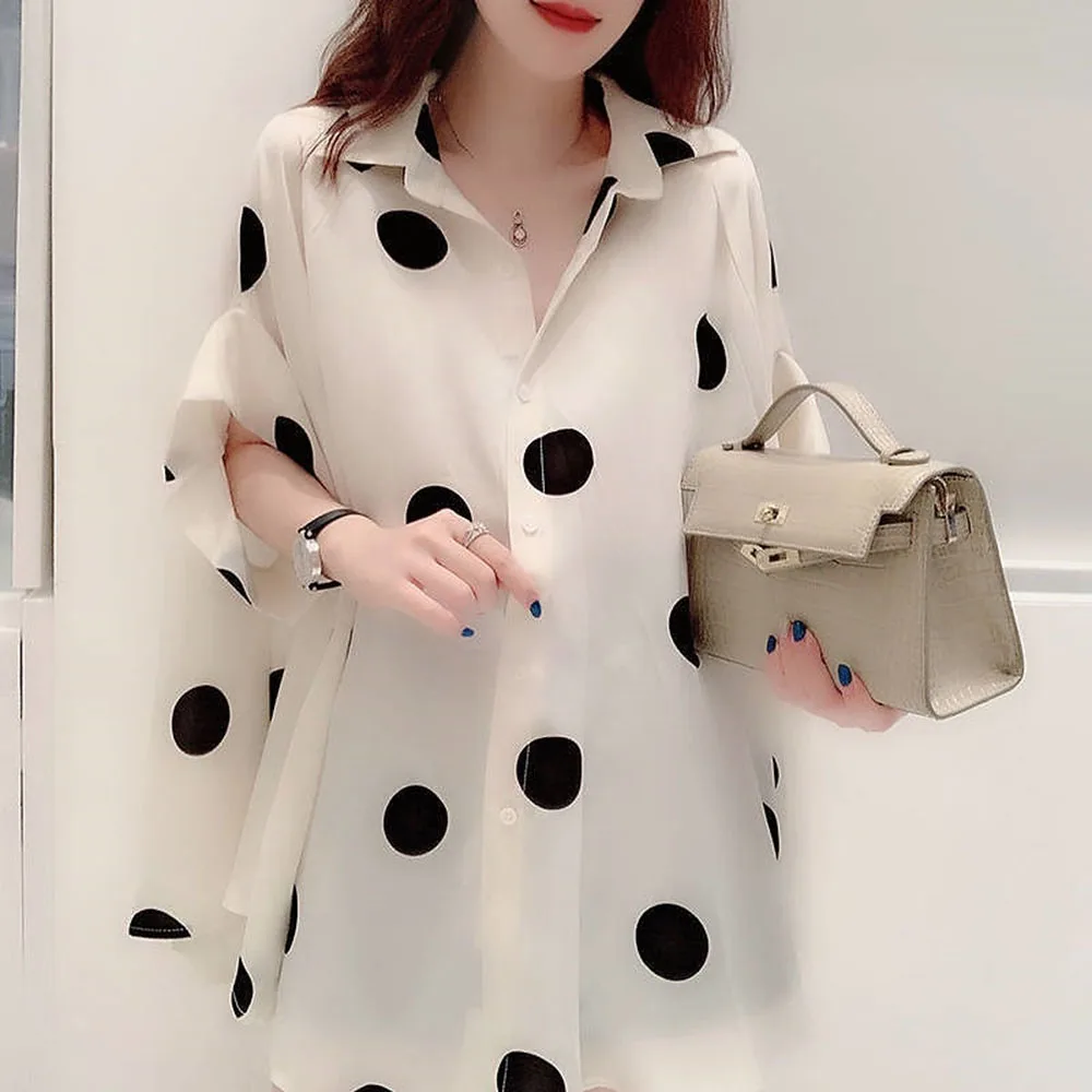 Camisa de Grandes Mulheres Dimensões Turn Down Collar Solto Verão Topos 2021 Polka Dot Impressão Blusa Elegante Feminino Casual Botão Moda Camisas 6 collar solto verão topos 2021 polka dot