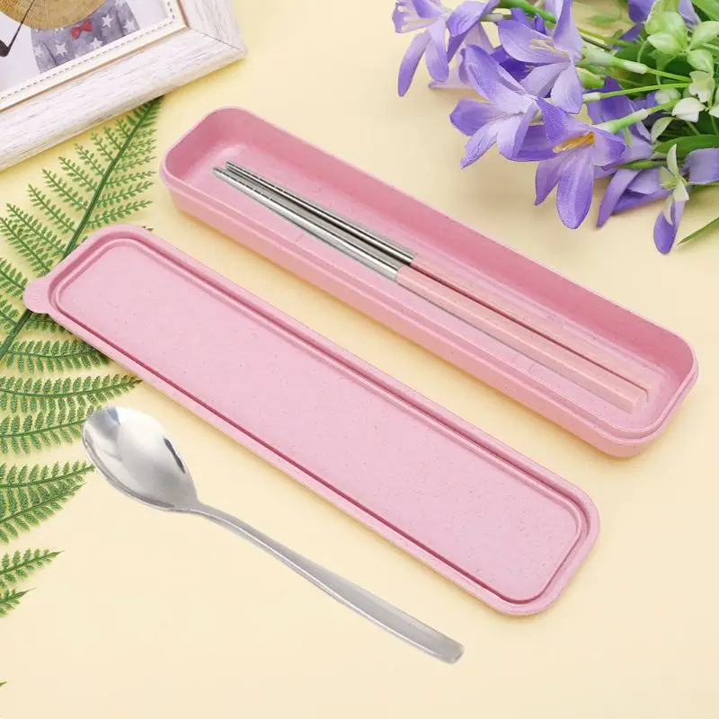 Lamdoo Portable Eco-Friendly Wheat Straw Cutlery Camping Picnic Box Dishware Kitchen Utensils Case Travel Stationery Beige