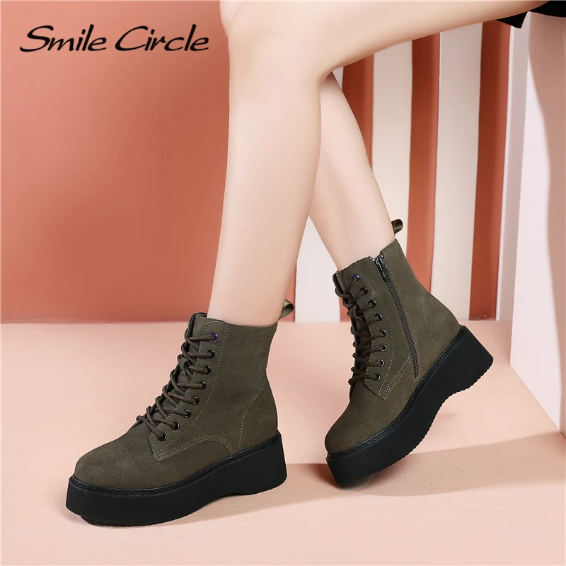 Skup Buty damskie naturalny zamsz skórzane botki płaskie buty na platformie moda zamek grube dno czarne buty damskie