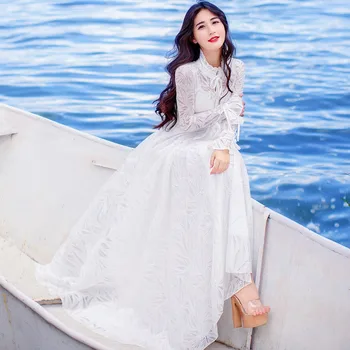 

2020 Women White Long Sleeve Summer Autumn Fashion Ankle-Length Maxi Dress Sexy Casual Female High Waist Swim Beach Dress