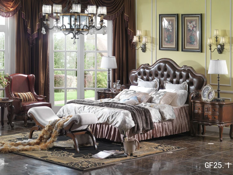 Американский стиль натуральная кожа класса люкс королевская кровать, мебель для спальни полный набор с прикроватная тумбочка ABC туалетный столик Столовый Текстиль GF25 - Цвет: Full set