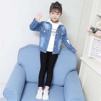

Korean Style Kids Girl Hoody Jean Jacket Letter Print Hood Jacket Coat Denim Hood Outfits Girls Teenager Clothes 4-13 Years