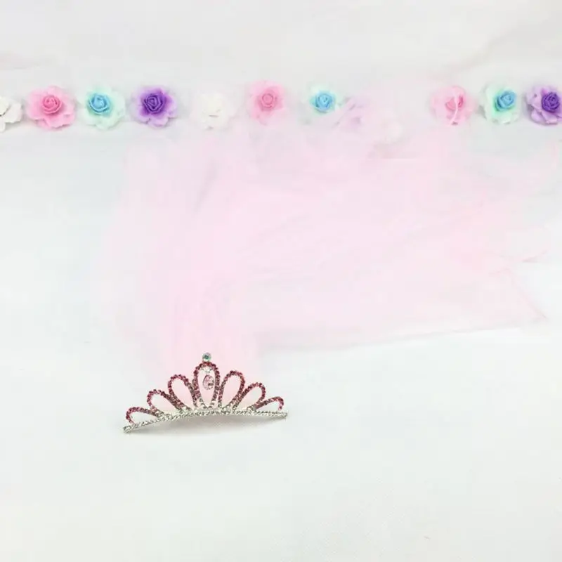 Flower Girls First Communion Mesh Veil Headband With Gradient Colored Rhinestone Tiara Crown Ruffles Veil Wedding Party Headwear