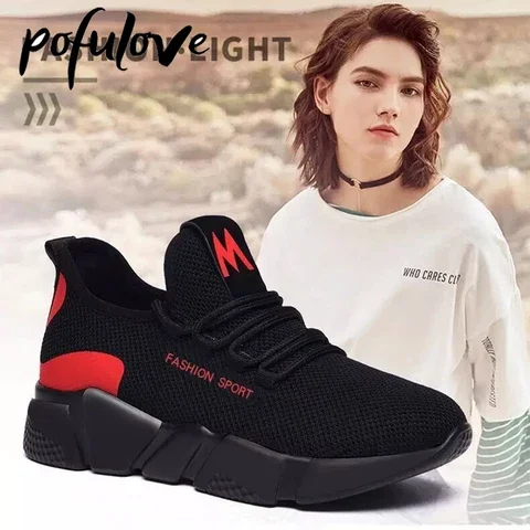 Pofulove Spring Women Sneakers Breathable Casual Shoes Non Slip Fashion Sports Tennis Vulcanized Shoes Black Zapatos Designer