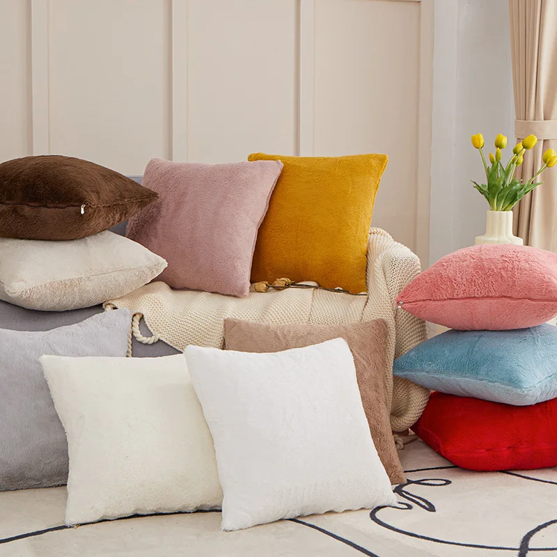 

Square Pillowcase Cushion Cover Home Decoration Autumn Winter Plush Solid Color Rabbit Fur Pillowslip Household Items 45x45cm