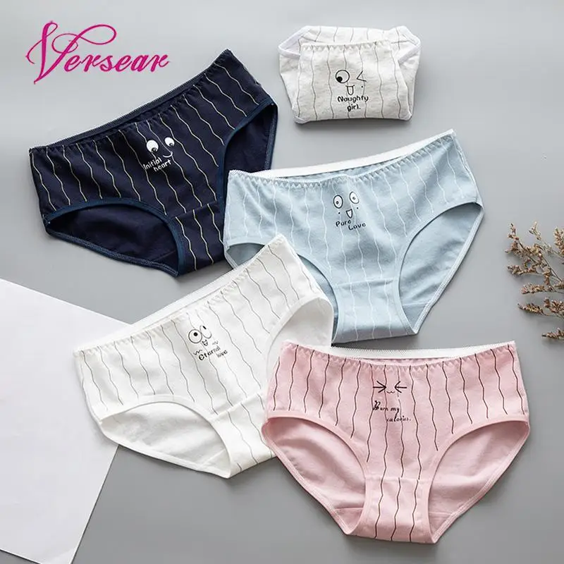 

Versear Women Cotton Blends Briefs Breathable Korean Kawaii Cartoon Patterns Stripes Letters Printed Underwear Girls Lingerie