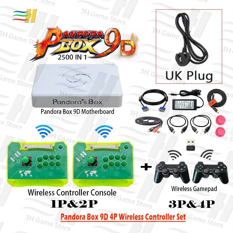 4P green wireless UK Pandora Box 9D 2500 В 1 4 игрока беспроводной контроллер Набор беспроводной аркадный контроллер и геймпад 3d mortal kombat plug and play - Цвет: 4P green wireless UK