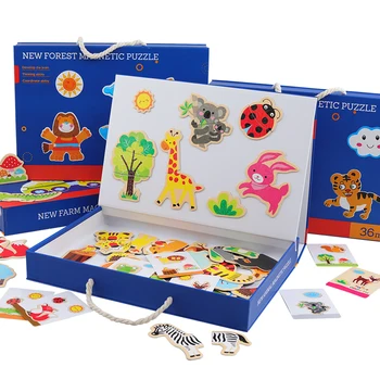 

Wooden Magnetic Puzzle Cartoon Animals Jigsaw Drawing Board 4 styles Box For Children Educational Toy Gift