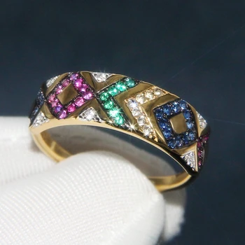 

925 Sterling Silver Ring Yellow Gold Colorful Stripe Tribal Ring Multicolor Zirconia Geometric Cross Ring Women Mana Jewelry