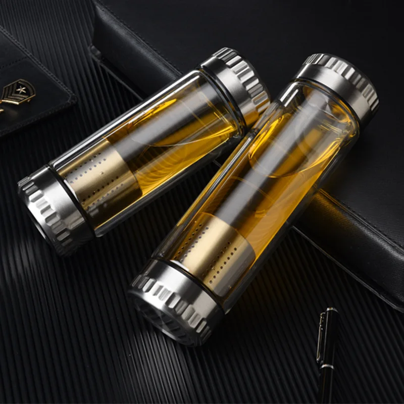 

300/400ML Glass Water Bottle With Stainless Steel Tea Infuser Filter Business Type Double Wall Tea Tumbler With Cleaning Brush