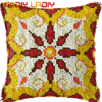 

Latch Hook Cushion Gold Mandala Pillow Case Pre-Printed Color Canvas Acrylic Yarn Latched Hook Pillow Crochet Cushion Cover Kits